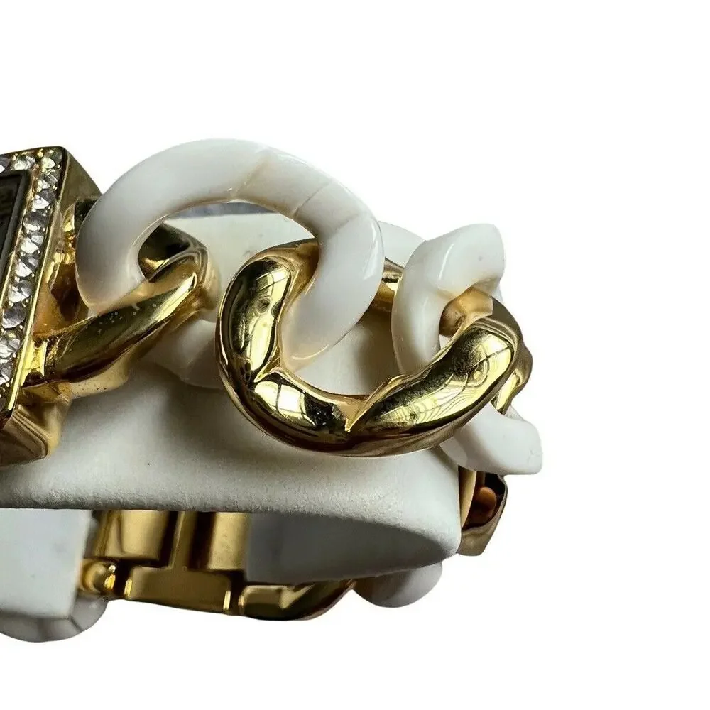 Embassy by Gruen Women's Watch Gold White Chain Link Cuff Rhinestone Square NIB